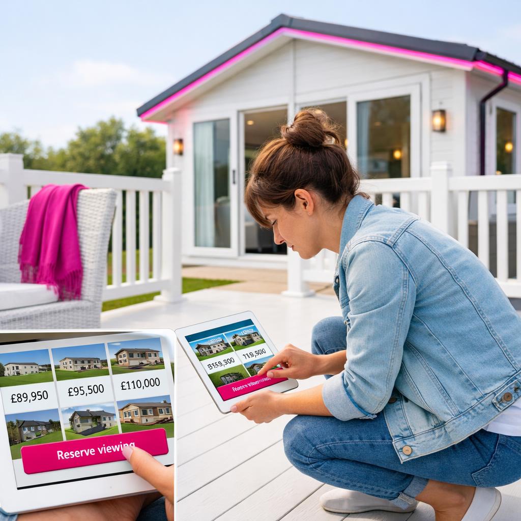 Buyer comparing live lodge listings on tablet outdoors
