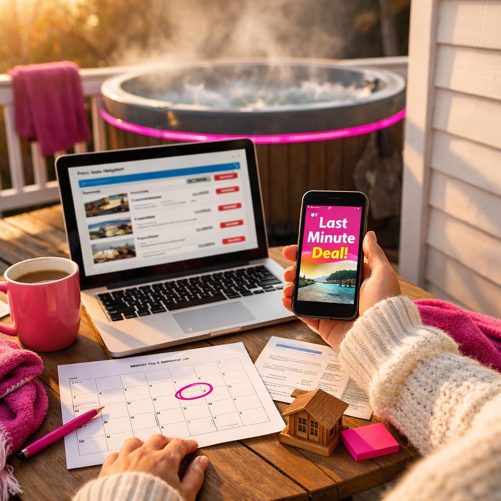 Traveler comparing cabin hot tub prices outdoors