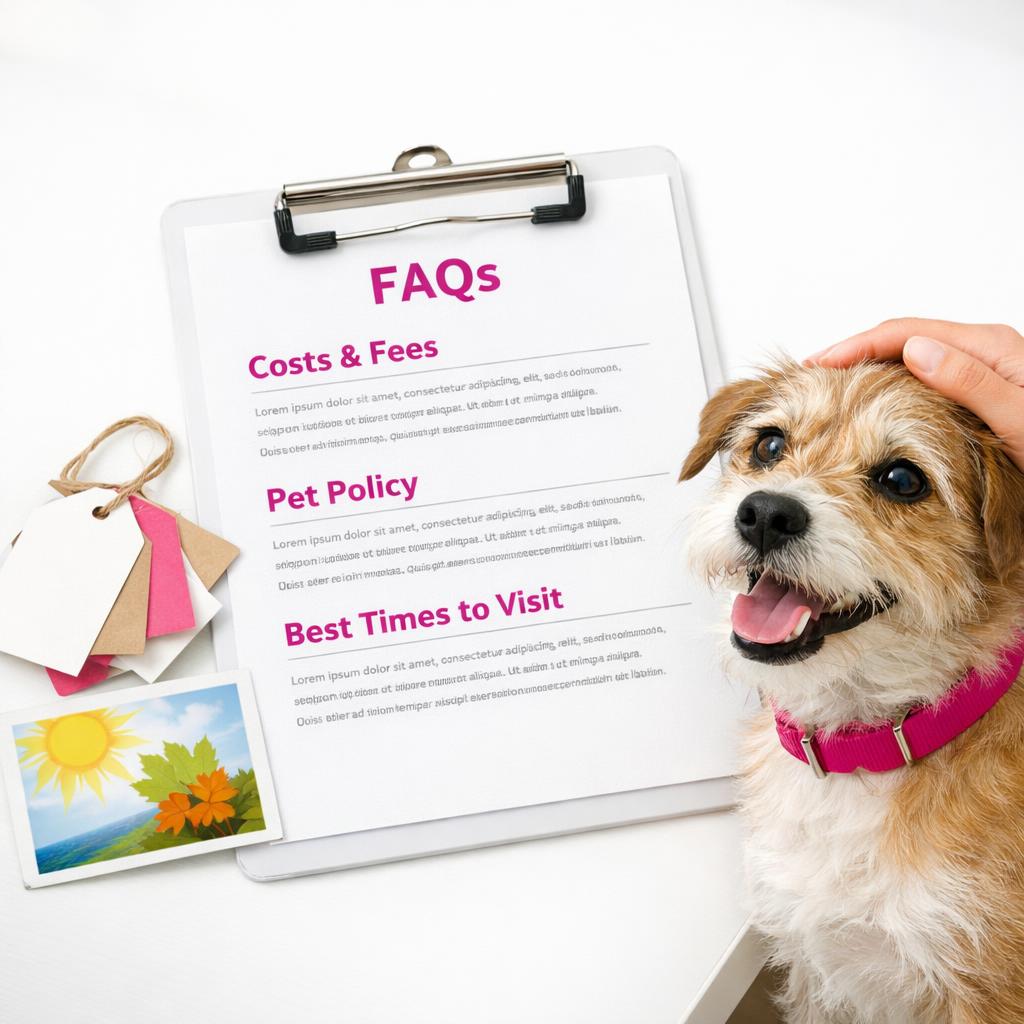 FAQ clipboard with price tags and dog