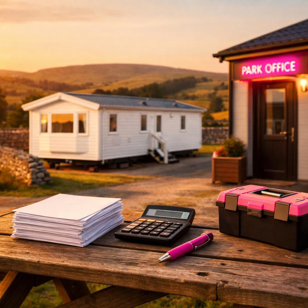Calculator and bills beside static caravan, Derbyshire