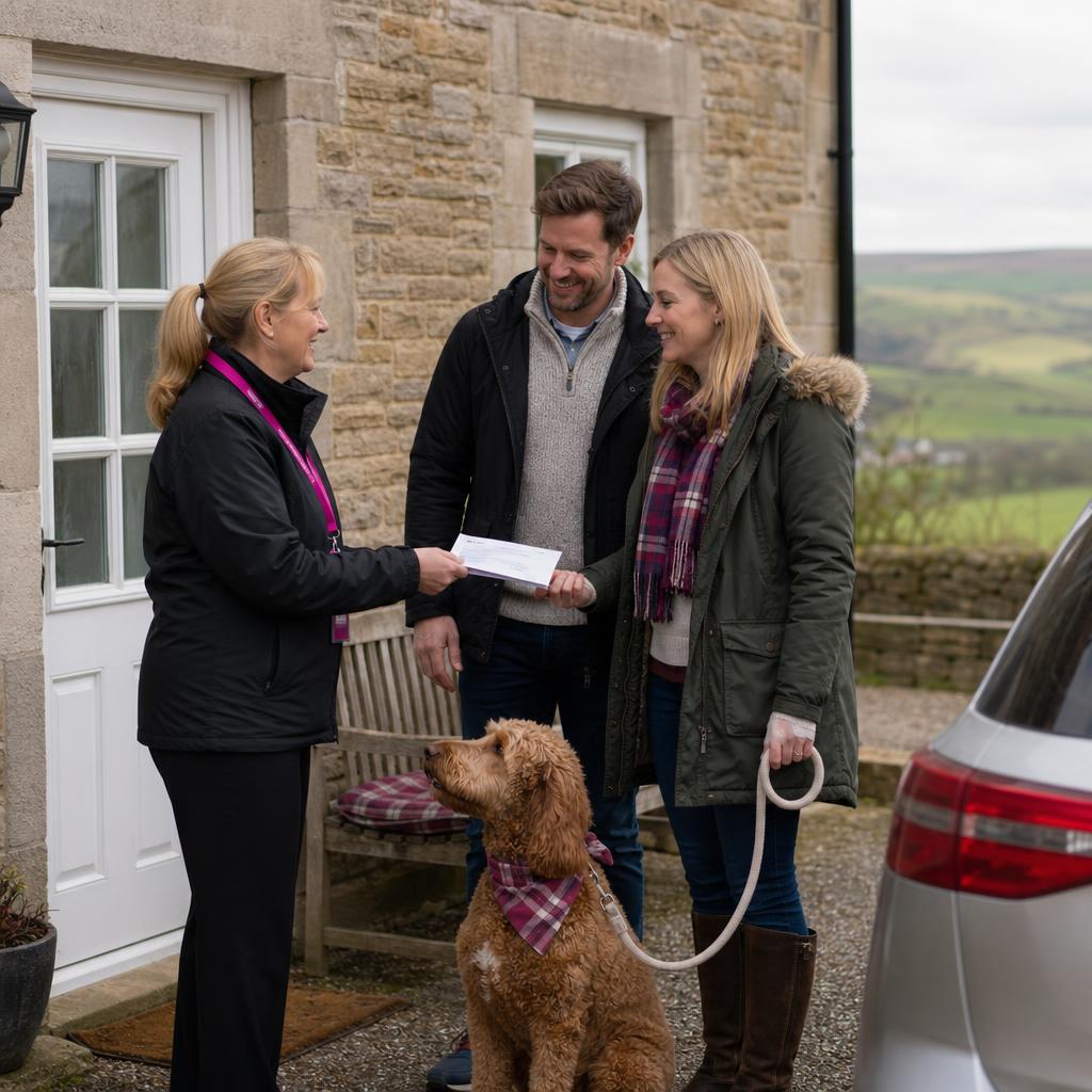 WPH receptionist hands keys to couple with dog