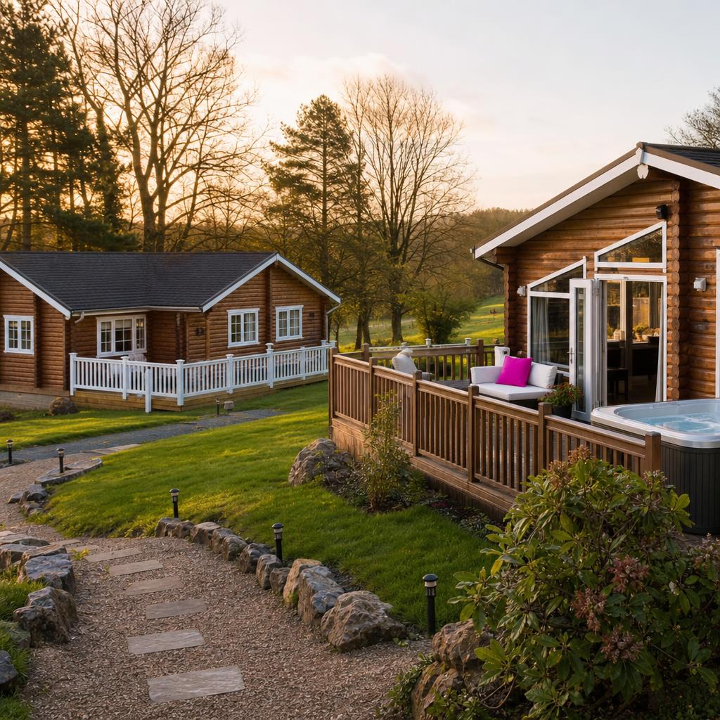 Row of log cabins with decking and hot tub.