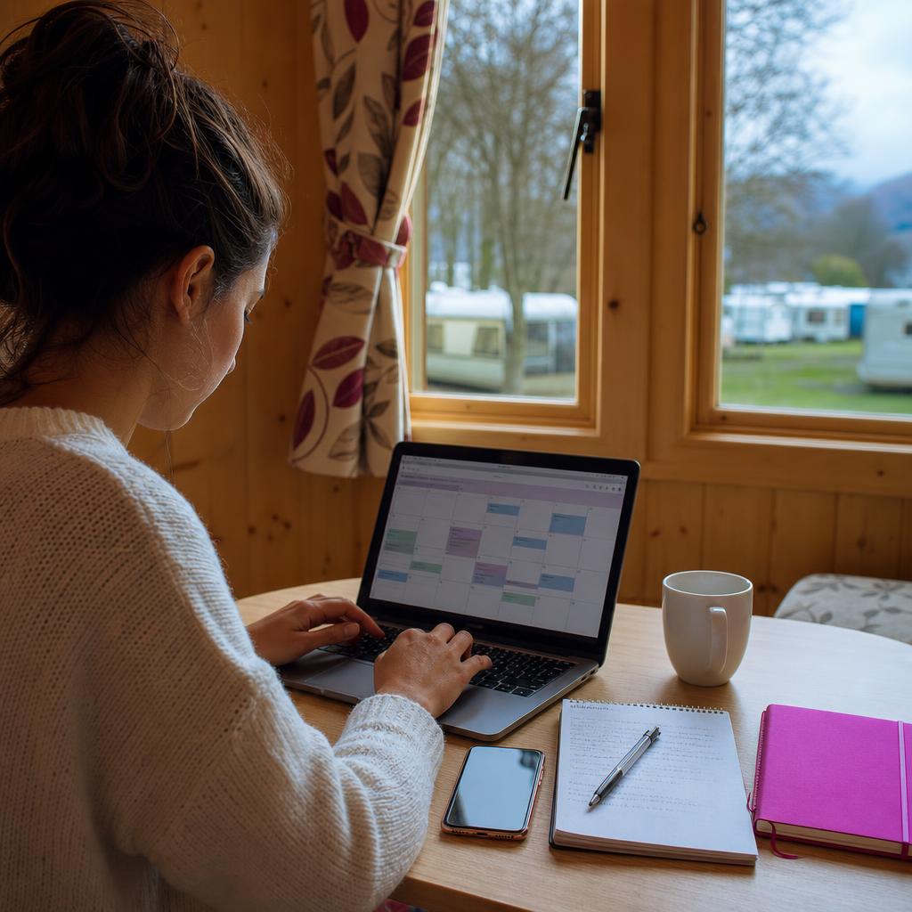 Hands on laptop calendar in lodge kitchen