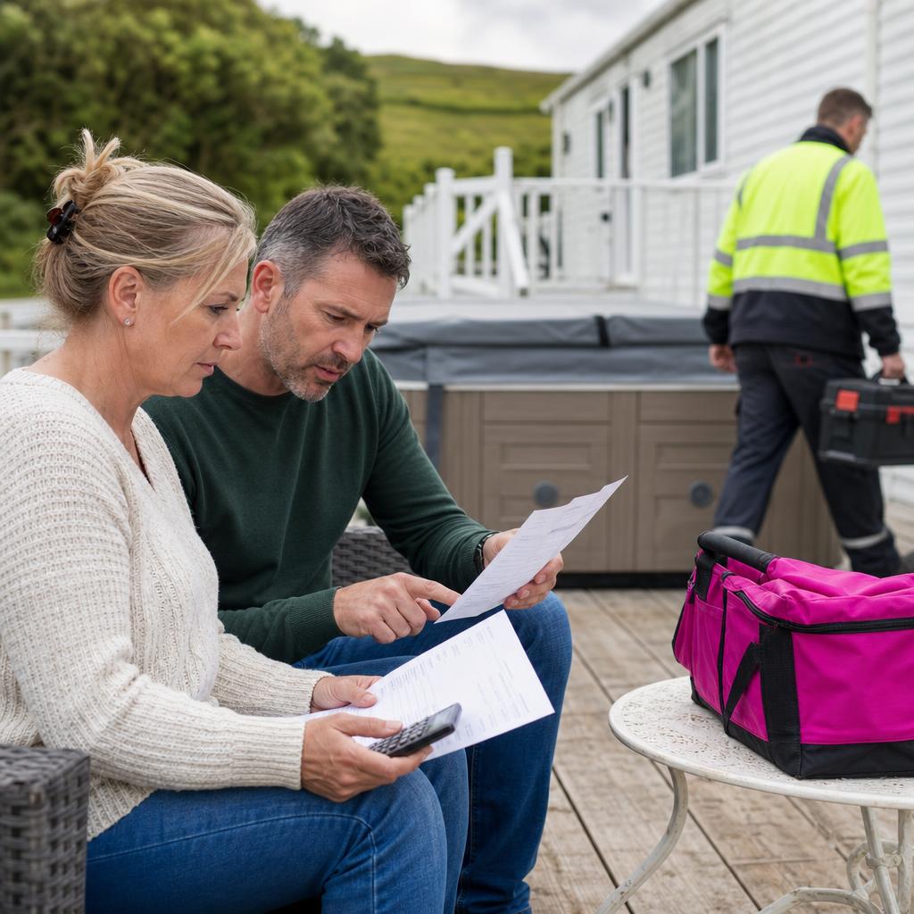 Owners checking bills on caravan decking with hot tub