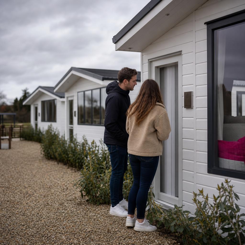 couple viewing three white lodges outdoors