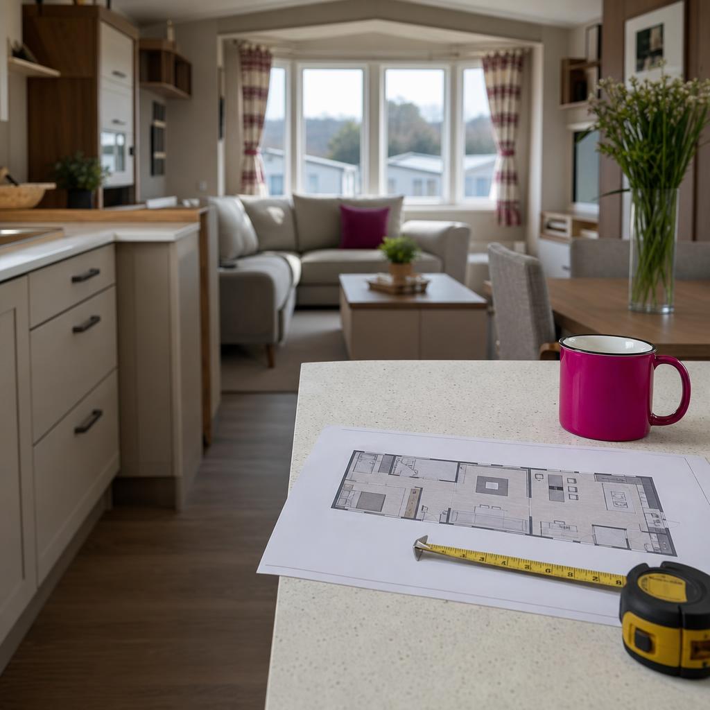 Open-plan Swift Moselle lodge interior with floorplan