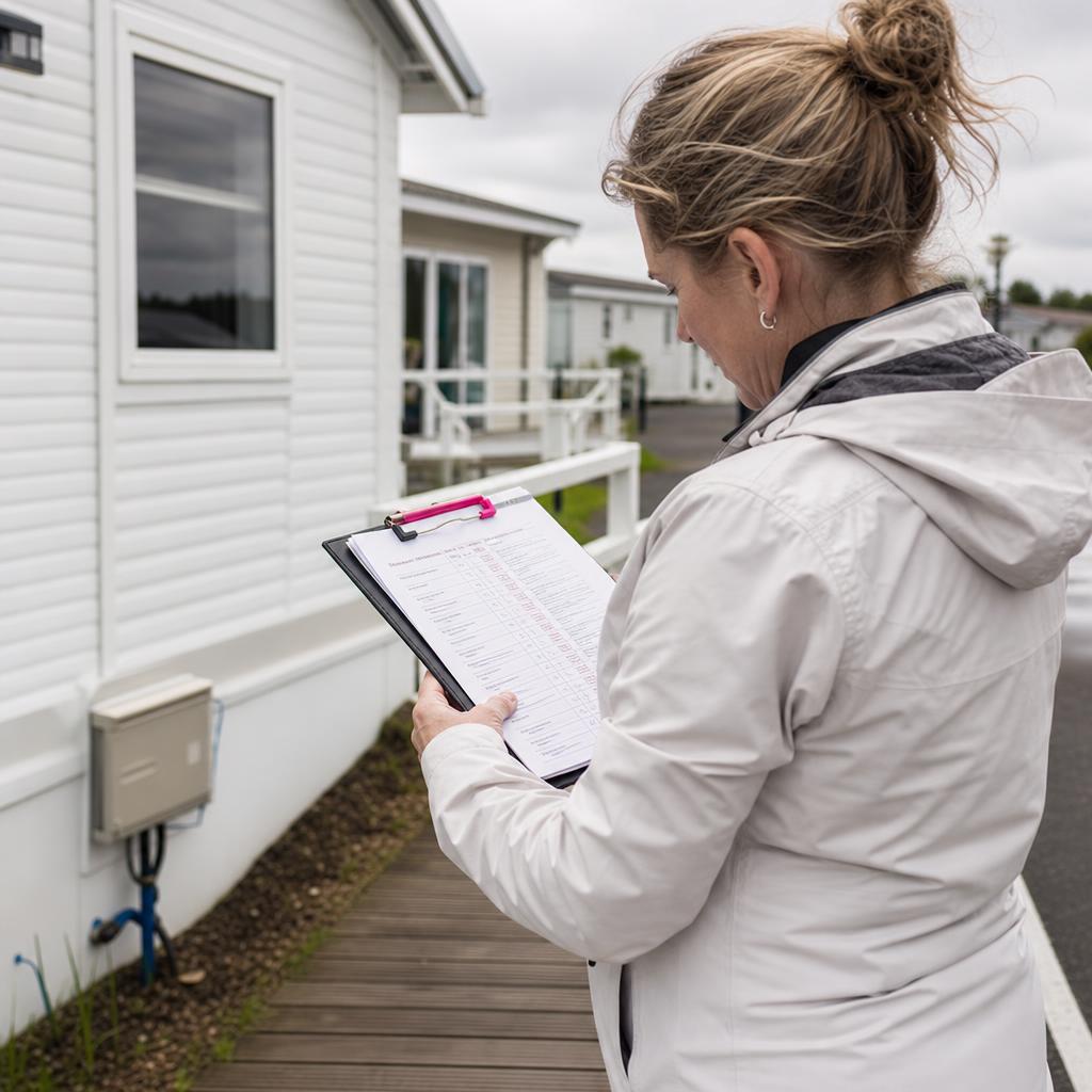 Inspector with checklist on lodge deck