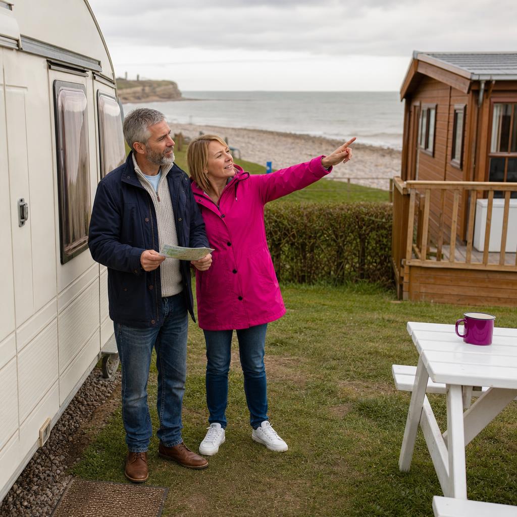 Couple inspecting caravan beside timber lodge