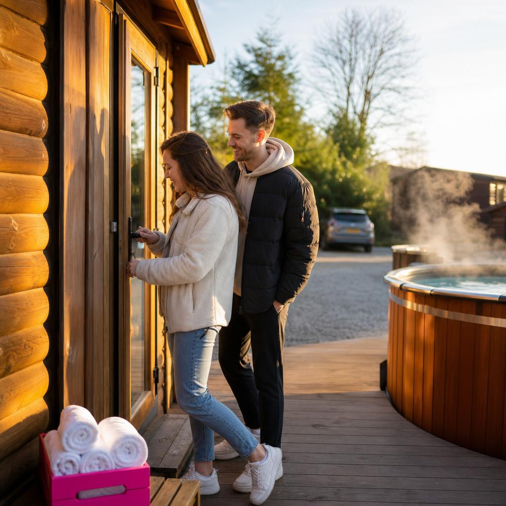 Couple arriving at timber cabin with outdoor hot tub