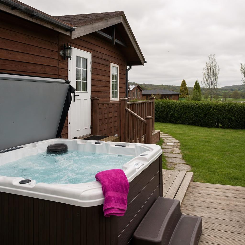 Derbyshire lodge deck with hot tub and magenta towel