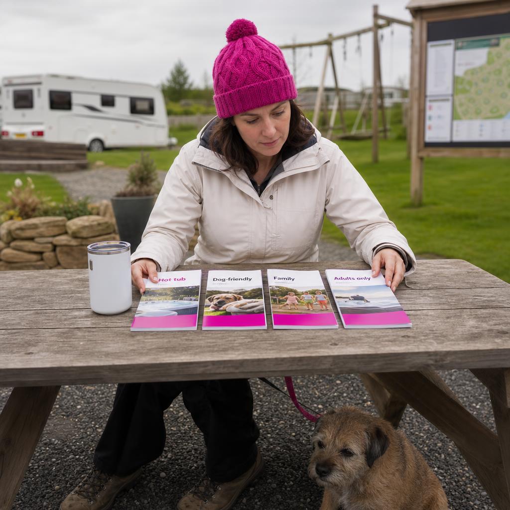 Woman comparing hot tub, dog-friendly, family brochures