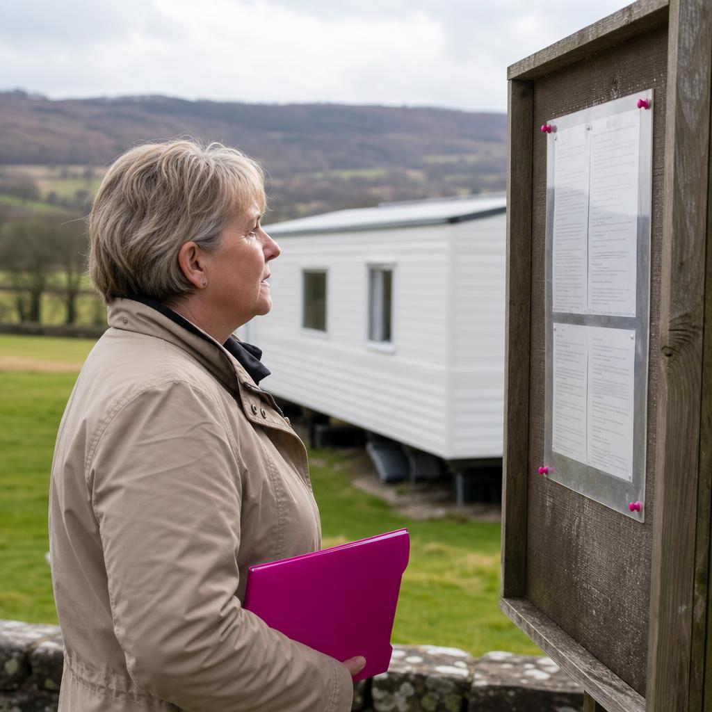 Owner reading caravan park rules beside white caravan
