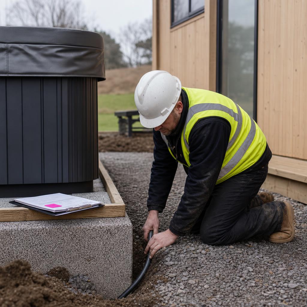 Technician measuring hot tub base beside lodge.