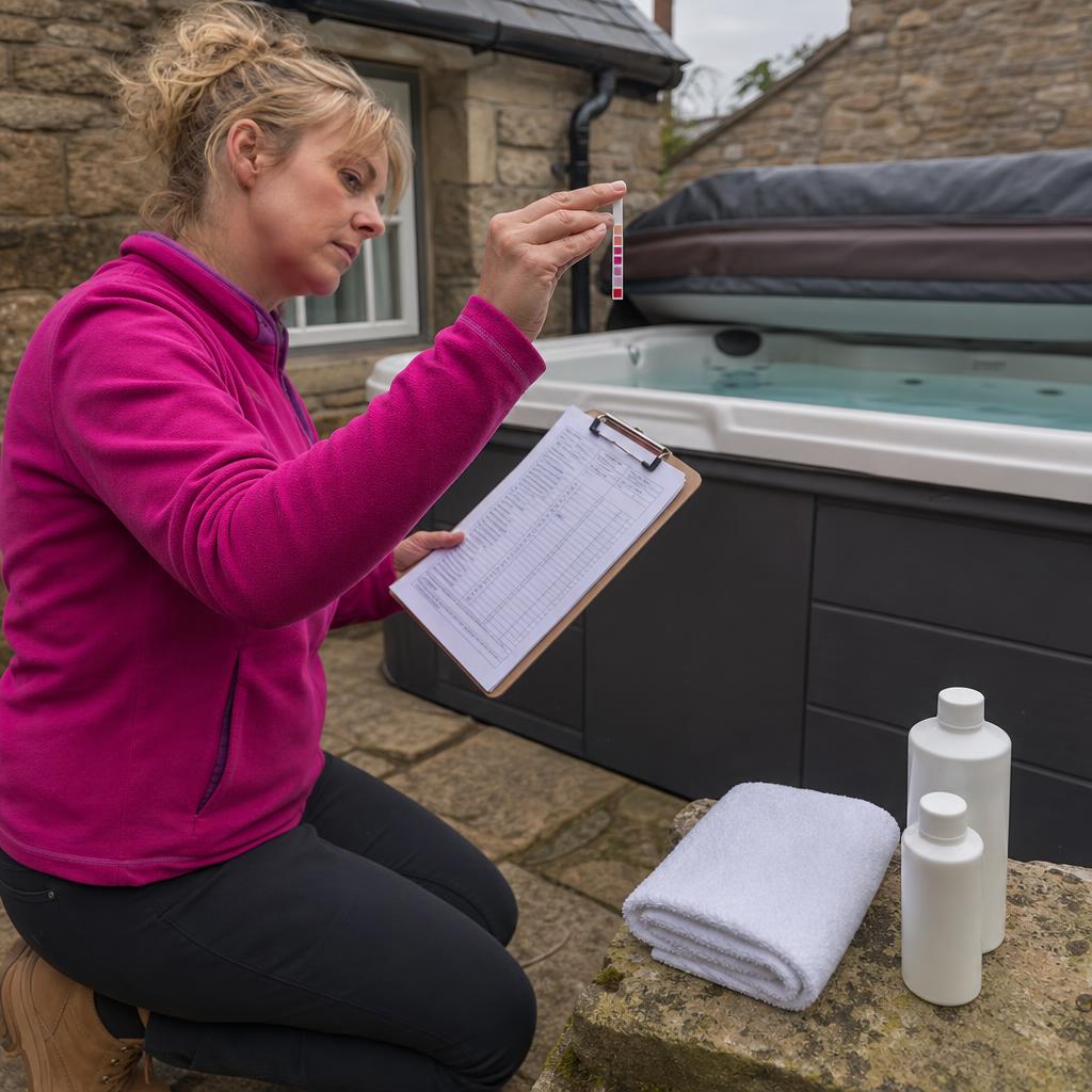 Host testing hot tub water with clipboard